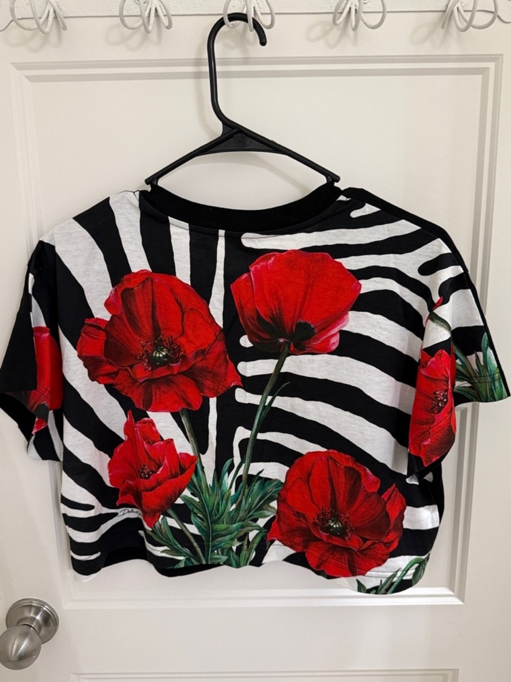 Dolce & Gabbana Black Cropped poppy print T-Shirt with Subtle Hardware